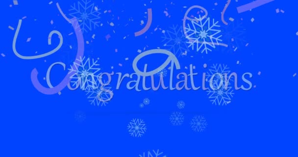 Animation Snowflakes Confetti Falling Congratulations Text Banner Blue Background Christmas — Stock Video