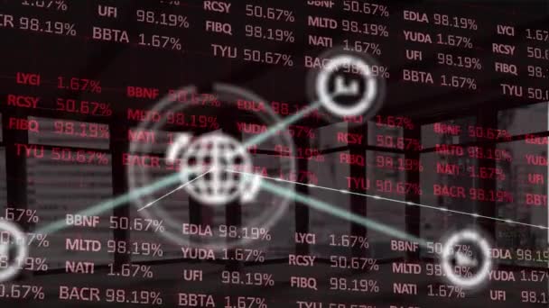 Animación Red Iconos Digitales Sobre Procesamiento Datos Del Mercado Valores — Vídeos de Stock