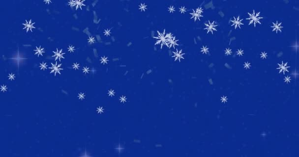 Animacja Płatków Śniegu Lśniących Gwiazd Konfetti Spadające Niebieskie Tło Przestrzenią — Wideo stockowe