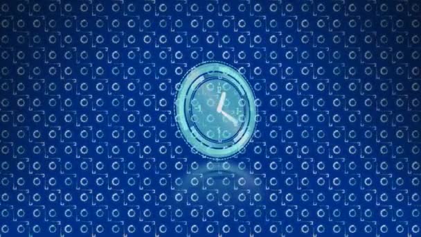 Animation Einer Tickenden Neon Uhr Über Abstraktem Musterdesign Vor Blauem — Stockvideo