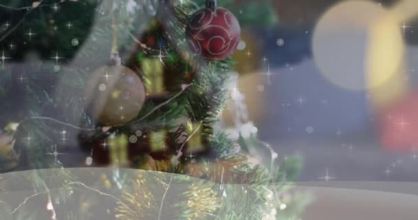 Animación Saludos Navideños Texto Sobre Árbol Navidad Decoraciones Navidad Festividad — Vídeos de Stock