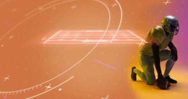 Amerikan futbol sahasında diz çöken ve kahverengi arka planda daireler çizen topçu kompozitosu. Boşluğu, sporu, rekabeti, illüstrasyonu, parlamayı, zemini, şekli ve soyut kavramı kopyala.