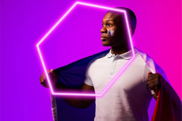 Hexagon Neon Serious African American Young Male Fan France Flag — Stock Photo, Image