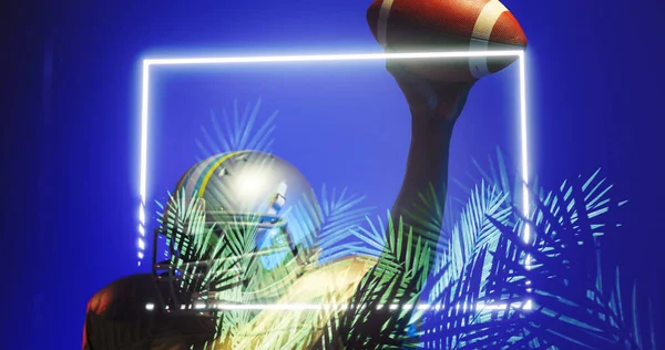 Composite American Football Player Raising Ball Illuminated Rectangle Plants Copy — Stock Photo, Image