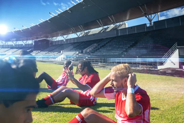 Team Multiracial Male Soccer Players Exercising Stadium Sunny Day Sport — Stock Photo, Image