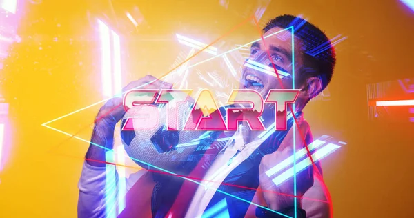Composite Start Text Caucasian Soccer Player Neon Copy Space Computer — Stock Photo, Image