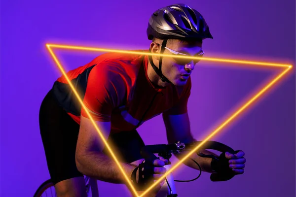 Triangle Neon Confident Biracial Young Male Cyclist Riding Bicycle Purple — Stock Photo, Image