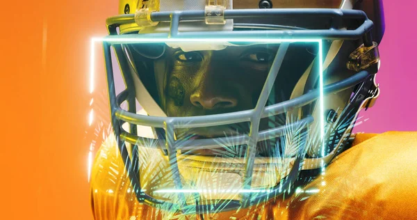 Close-up of illuminated rectangle and plants over portrait of american football player in helmet. Composite, african american, face, eye, protection, sport, competition, illustration, nature, shape.