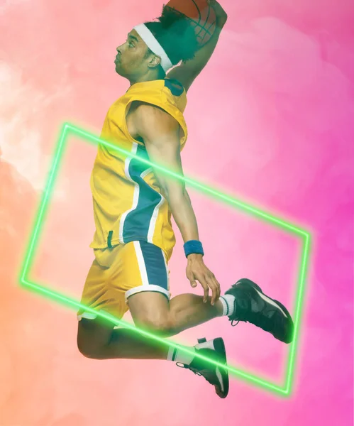 Composite Biracial Male Basketball Player Taking Shot Ball Rectangle Smoky — Stock Photo, Image