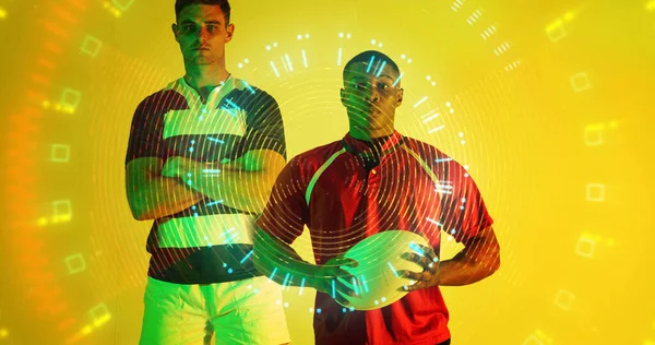 Composite Multiracial Male Players Ball Illuminated Circular Yellow Background Copy — Stock Photo, Image