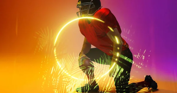 Composite American Football Player Wearing Helmet Ball Kneeling Circle Plants — Stock Photo, Image