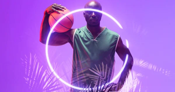 Bald African American Basketball Player Holding Ball Shoulder Glowing Circle — Stock Photo, Image