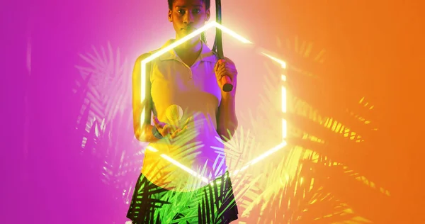 Biracial Female Player Tennis Racket Ball Standing Illuminated Hexagon Plants — Stock Photo, Image