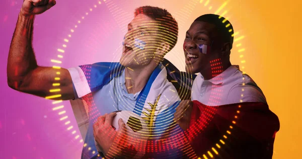 Composite Multiracial Male Players French Flag Screaming Illuminated Circles Copy — Stock Photo, Image