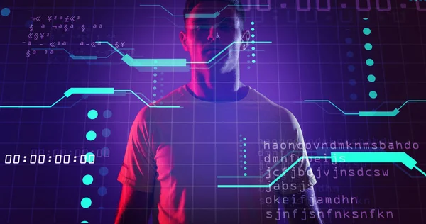 Caucasian young sportsman with neon computer circuit design in background, copy space. Computer graphic, digital composite, design, athlete, connection, sport.