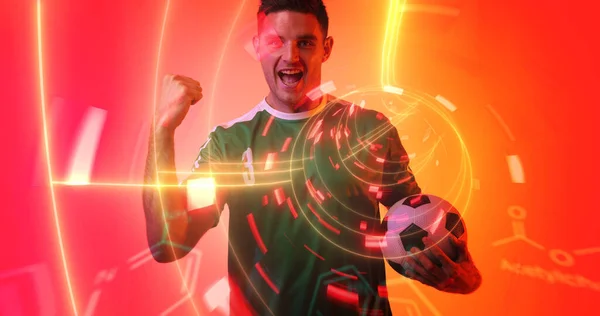 Vrolijke Kaukasische Sportman Met Neon Chemische Structuur Achtergrond Digitale Composiet — Stockfoto