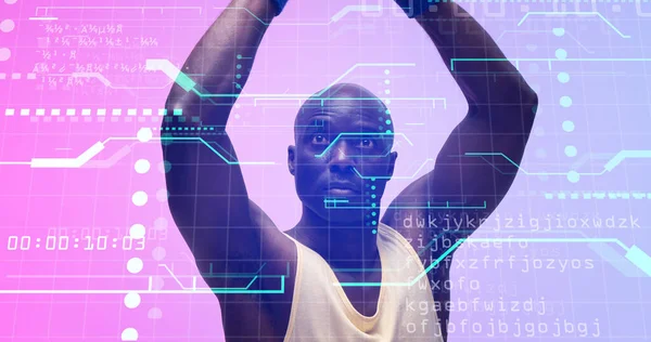 Bald African American Basketball Player Arms Raised Grid Pattern Computer — Stock Photo, Image