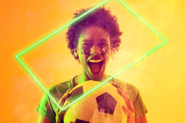 Rectangle Neon African American Female Fan Ball Celebrating Victory Soccer — Stock Photo, Image