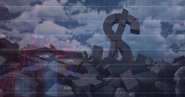 Mavi gökyüzündeki bulutlara karşı kırılmış dolar sembolü üzerinde finansal veri işleme. küresel finans ve ekonomi kavramı