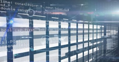 Sunucu odasındaki veri işleme ve şekillerin resmi. küresel iş ve dijital arayüz kavramı dijital olarak oluşturulmuş görüntü.