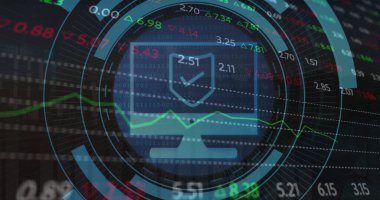 Borsada kara fon üzerinde bilgisayar simgesi olan bir tarama resmi. Küresel teknoloji, çevrimiçi güvenlik ve dijital arayüz kavramı dijital olarak oluşturulmuş görüntü.
