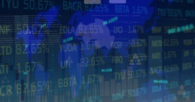 Çeşitli mali veriler ve Avrupa Birliği finansal verileri üzerinden finansal veri işleme görüntüsü. Küresel işletme veri işleme ve dijital arayüz konsepti dijital olarak oluşturulmuş resim.