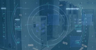 Boş ofis üzerinde tarama ve veri işleme alanı resmi. Küresel iletişim teknolojisi ve veri paylaşım kavramı dijital olarak oluşturulmuş görüntü.