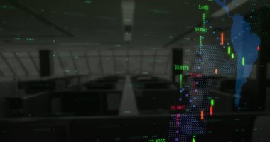 Arka plandaki boş ofise karşı dünya haritası üzerinde mali veri işleme. küresel finans ve iş kavramı