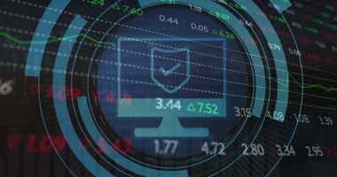 Borsada kara fon üzerinde bilgisayar simgesi olan bir tarama resmi. Küresel teknoloji, çevrimiçi güvenlik ve dijital arayüz kavramı dijital olarak oluşturulmuş görüntü.