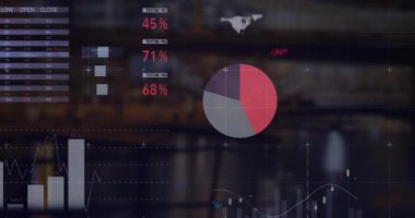 Şehir manzarasının havadan görüntüsüne karşı istatistiksel veri işleme animasyonu. Bilgisayar arayüzü ve iş veri teknolojisi kavramı