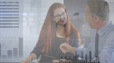 Animation of financial data processing over diverse business people. Global business, finances and digital interface concept digitally generated video.