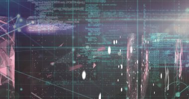 Kırmızı ekranlar ve bağlantı ağı üzerinden çeşitli finansal verilerin ve dünyanın görüntüsü. Küresel internet güvenlik veri işleme ağları bağlantıları ve dijital arayüz konsepti dijital olarak oluşturuldu.