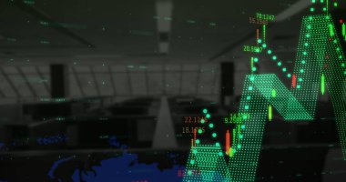 Arka plandaki boş ofise karşı dünya haritası üzerinde mali veri işleme. küresel finans ve iş kavramı