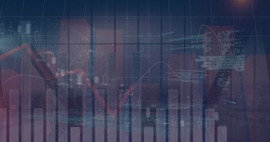 Şehirdeki finansal verilerin ve grafiklerin resmi. İş, finans ve ekonomi kavramı dijital olarak oluşturulmuş imaj.
