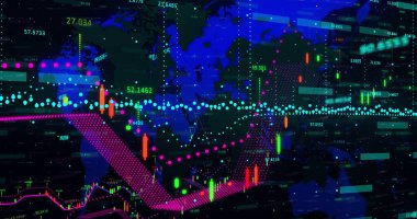 Dünya haritası üzerinde istatistik ve finansal veri finansal veri işleme resmi. Dijital olarak oluşturulan küresel iletişim ve veri konsepti.