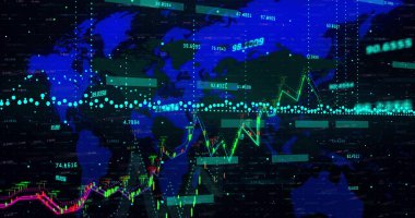 Dünya haritası üzerinde istatistik ve finansal veri finansal veri işleme resmi. Dijital olarak oluşturulan küresel iletişim ve veri konsepti.