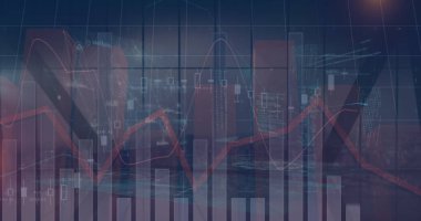 Şehirdeki finansal verilerin ve grafiklerin resmi. İş, finans ve ekonomi kavramı dijital olarak oluşturulmuş imaj.
