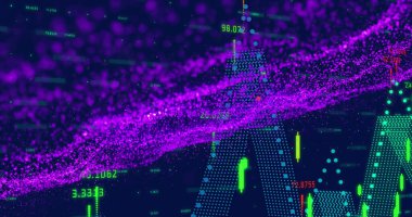 Mor dalga deseni ve yeşil noktaların ticaret tahtası üzerinde çizgi oluşturması. Dijital olarak üretilen, illüstrasyon, hologram, yatırım, finans, borsa ve teknoloji kavramı.