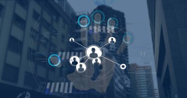 Noktaları birleştiren profil simgelerinin resmi, grafik, küre, binalara karşı parmak izleri. Dijital bileşik, noktaları, ağı, teknolojiyi, biyometriği, erişilebilirliği, kimliği birleştir.