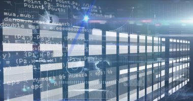 Sunucu odasındaki veri işleme ve şekillerin resmi. küresel iş ve dijital arayüz kavramı dijital olarak oluşturulmuş görüntü.