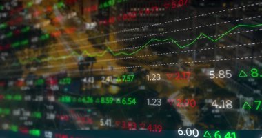 Şehirdeki finansal verilerin ve grafiklerin resmi. küresel finans, ekonomi, iş ve teknoloji konsepti dijital olarak oluşturulmuş imaj.