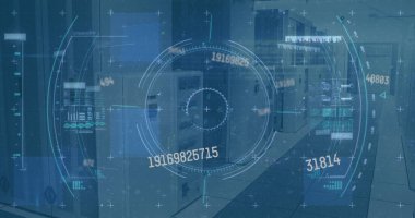 Boş ofis üzerinde tarama ve veri işleme alanı resmi. Küresel iletişim teknolojisi ve veri paylaşım kavramı dijital olarak oluşturulmuş görüntü.