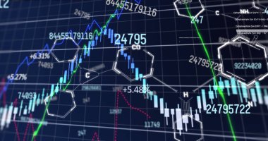 Kimyasal yapılar üzerinde finansal veri işleme resmi. Küresel finans, iş ve veri işleme kavramı dijital olarak oluşturulmuş görüntü.