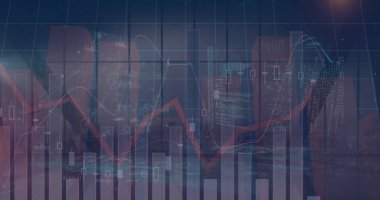 Şehirdeki finansal verilerin ve grafiklerin resmi. İş, finans ve ekonomi kavramı dijital olarak oluşturulmuş imaj.