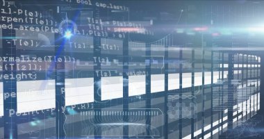 Sunucu odasındaki veri işleme ve şekillerin resmi. küresel iş ve dijital arayüz kavramı dijital olarak oluşturulmuş görüntü.