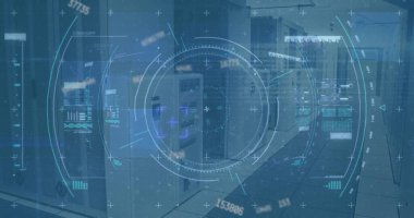 Boş ofis üzerinde tarama ve veri işleme alanı resmi. Küresel iletişim teknolojisi ve veri paylaşım kavramı dijital olarak oluşturulmuş görüntü.