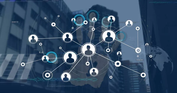 Image of profile icons connecting dots, data with graph, globe, fingerprints against buildings. Digital composite, connect the dots, networking, technology, biometrics, accessibility, identity.