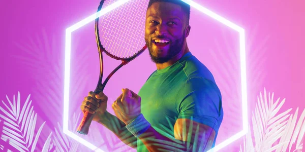 Illuminated Hexagon Plants Happy African American Male Player Holding Racket — Stock Photo, Image