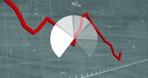 Gráfico Torta Gráfico Vermelho Movendo Sobre Processamento Dados Financeiros Contra — Fotografia de Stock