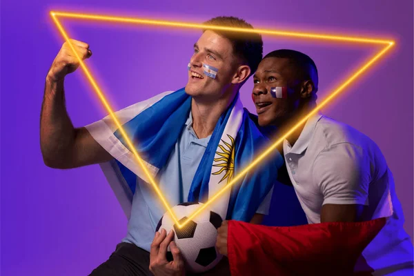 Multiracial Male Fans Flags Argentina France Cheering Illuminated Triangle Copy — Stock Photo, Image